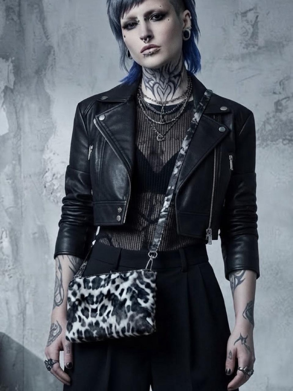 Black & White Snow Leopard / Animal Print Triple Zip Crossbody Bag